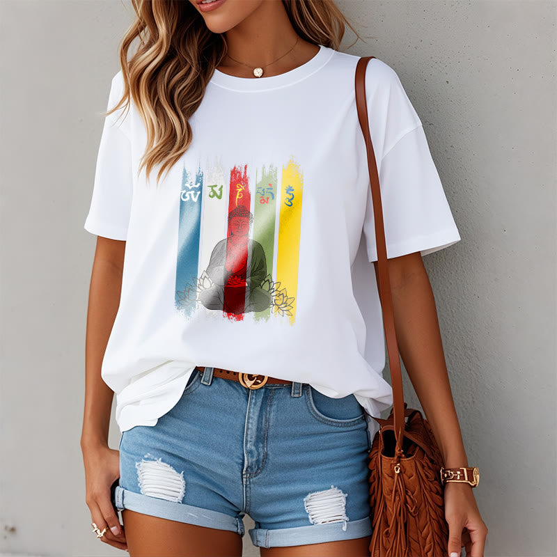 Camiseta de algodón con seis palabras verdaderas de Buddha Stones , "Om Mani Padme Hum", Buda sentado con loto - image 10