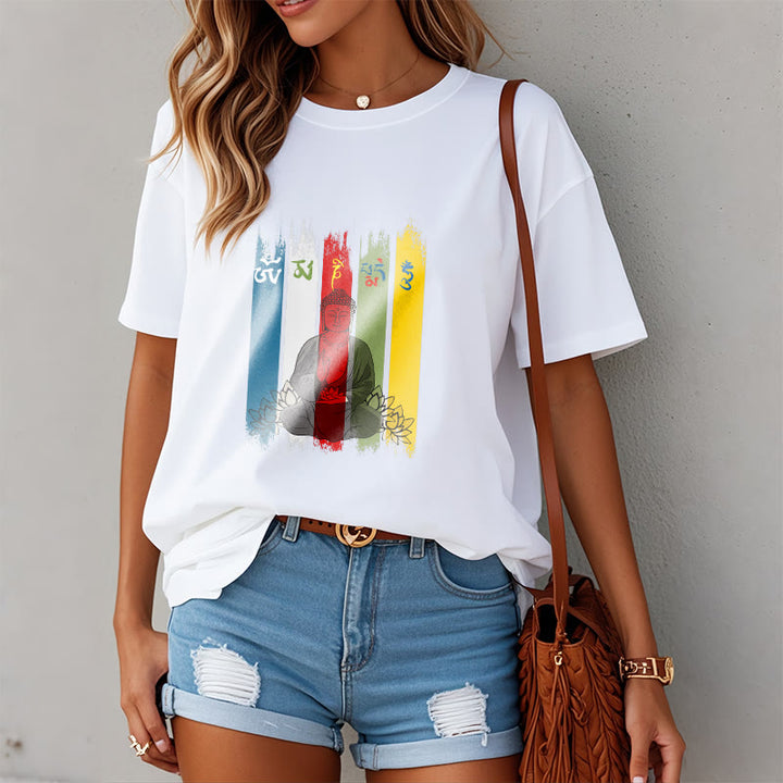 Camiseta de algodón con seis palabras verdaderas de Buddha Stones , "Om Mani Padme Hum", Buda sentado con loto - image 10