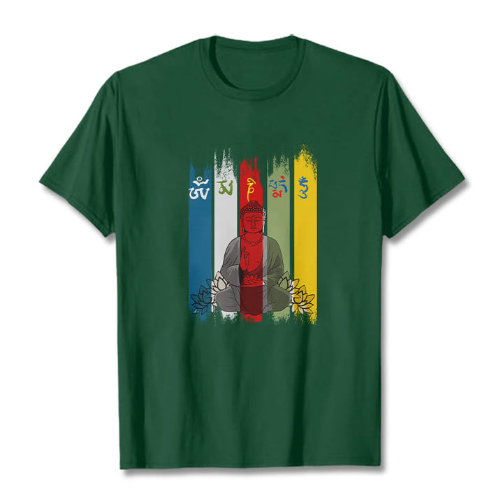 Camiseta de algodón con seis palabras verdaderas de Buddha Stones , "Om Mani Padme Hum", Buda sentado con loto - Verde bosque - 2XL - image 6