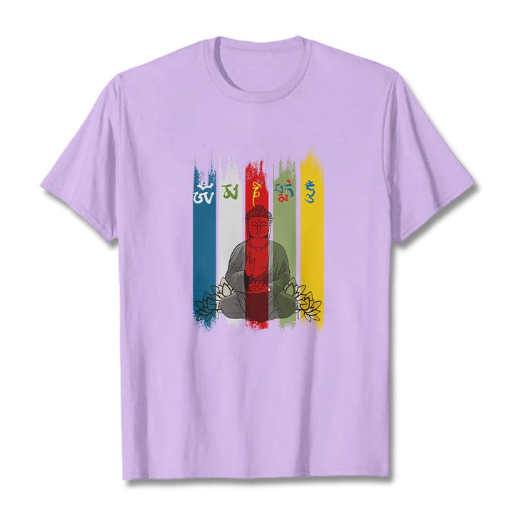 Camiseta de algodón con seis palabras verdaderas de Buddha Stones , "Om Mani Padme Hum", Buda sentado con loto - Ciruela - 2XL - image 17