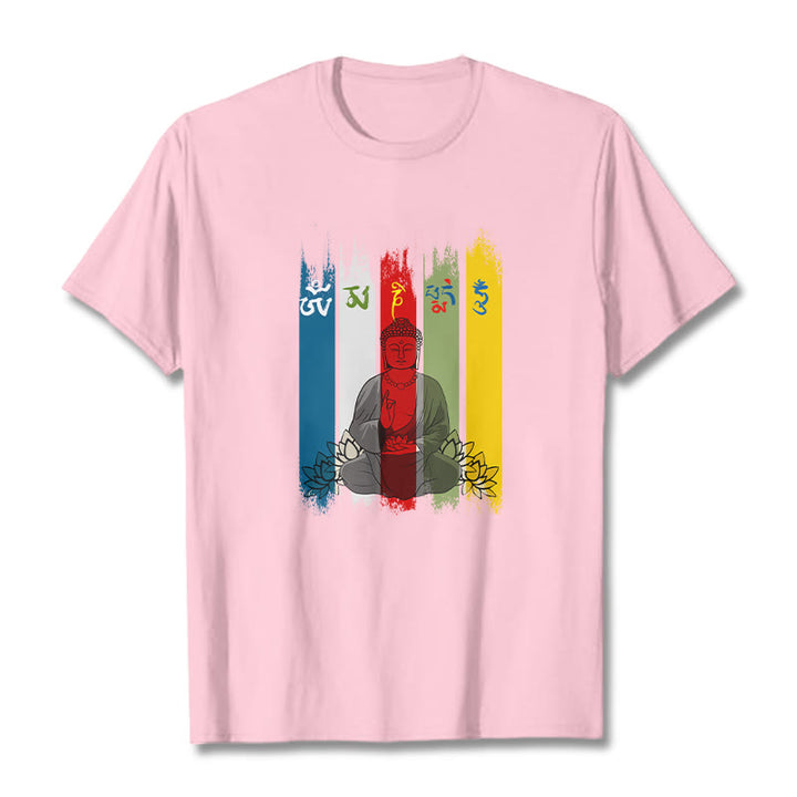 Camiseta de algodón con seis palabras verdaderas de Buddha Stones , "Om Mani Padme Hum", Buda sentado con loto - Rosa claro - 2XL - image 15