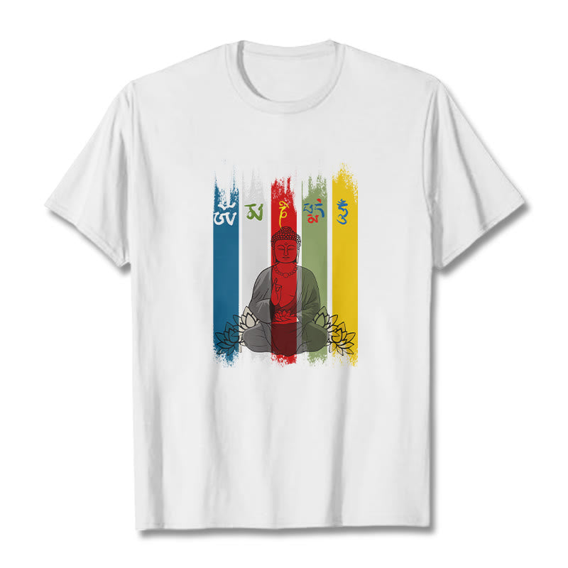 Camiseta de algodón con seis palabras verdaderas de Buddha Stones , "Om Mani Padme Hum", Buda sentado con loto - Blanco - 2XL - image 9
