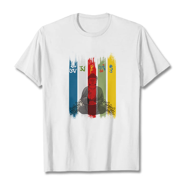 Camiseta de algodón con seis palabras verdaderas de Buddha Stones , "Om Mani Padme Hum", Buda sentado con loto - Blanco - 2XL - image 9
