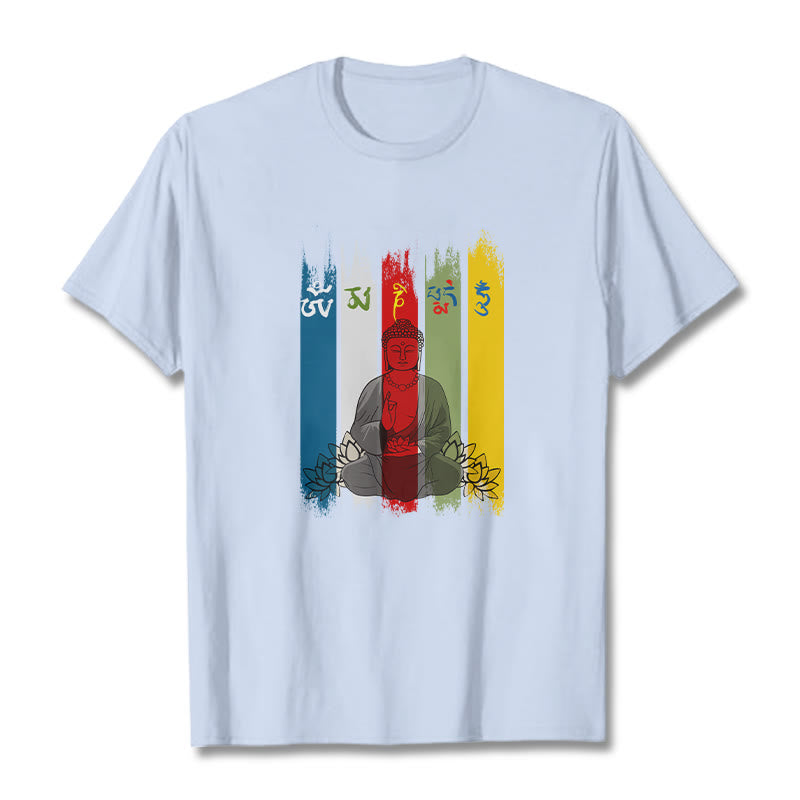Camiseta de algodón con seis palabras verdaderas de Buddha Stones , "Om Mani Padme Hum", Buda sentado con loto - Cian claro - 2XL - image 13