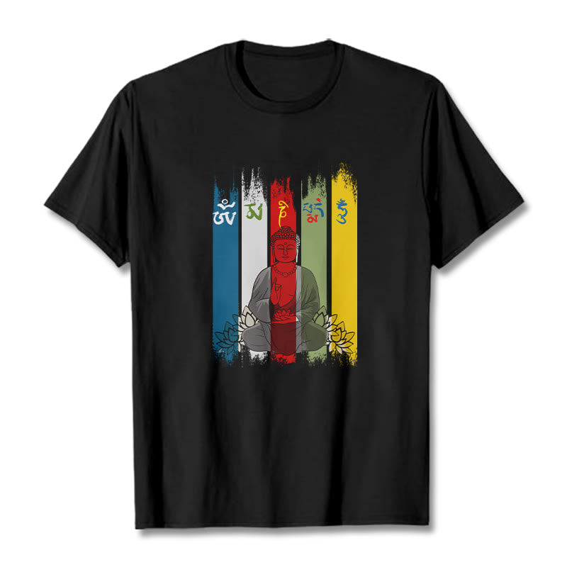 Camiseta de algodón con seis palabras verdaderas de Buddha Stones , "Om Mani Padme Hum", Buda sentado con loto - Negro - 2XL - image 3