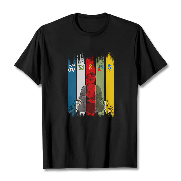 Camiseta de algodón con seis palabras verdaderas de Buddha Stones , "Om Mani Padme Hum", Buda sentado con loto - Negro - 2XL - image 3