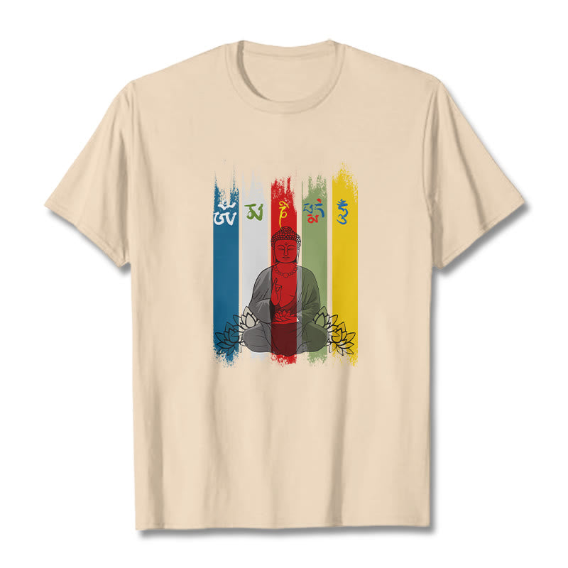 Camiseta de algodón con seis palabras verdaderas de Buddha Stones , "Om Mani Padme Hum", Buda sentado con loto - Sopa de mariscos - 2XL - image 11