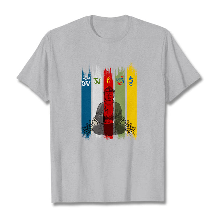 Camiseta de algodón con seis palabras verdaderas de Buddha Stones , "Om Mani Padme Hum", Buda sentado con loto - Gris claro - 2XL - image 0