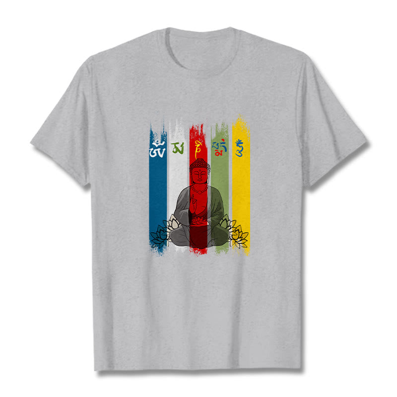Camiseta de algodón con seis palabras verdaderas de Buddha Stones , "Om Mani Padme Hum", Buda sentado con loto - Gris claro - 2XL - image 1