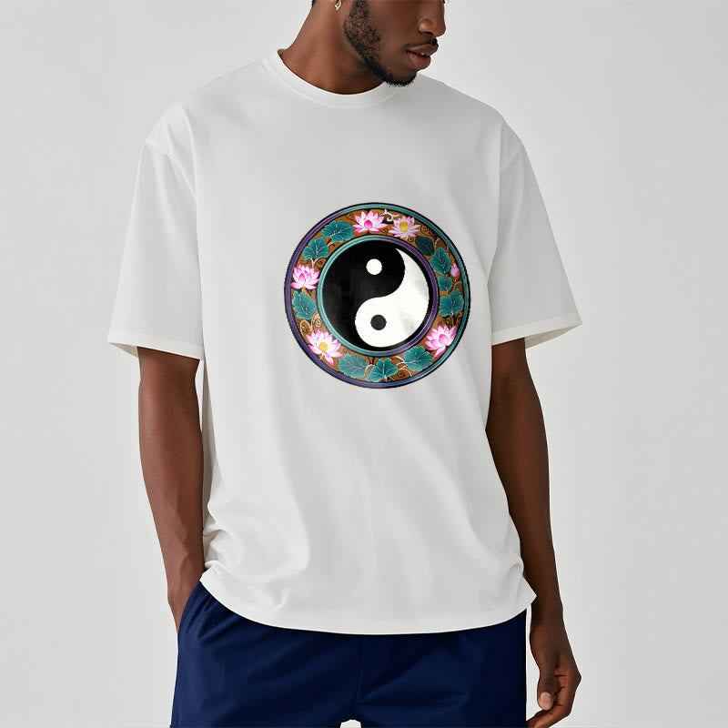 Camiseta de algodón con diseño de hojas de loto y yin yang y Buddha Stones - image 11