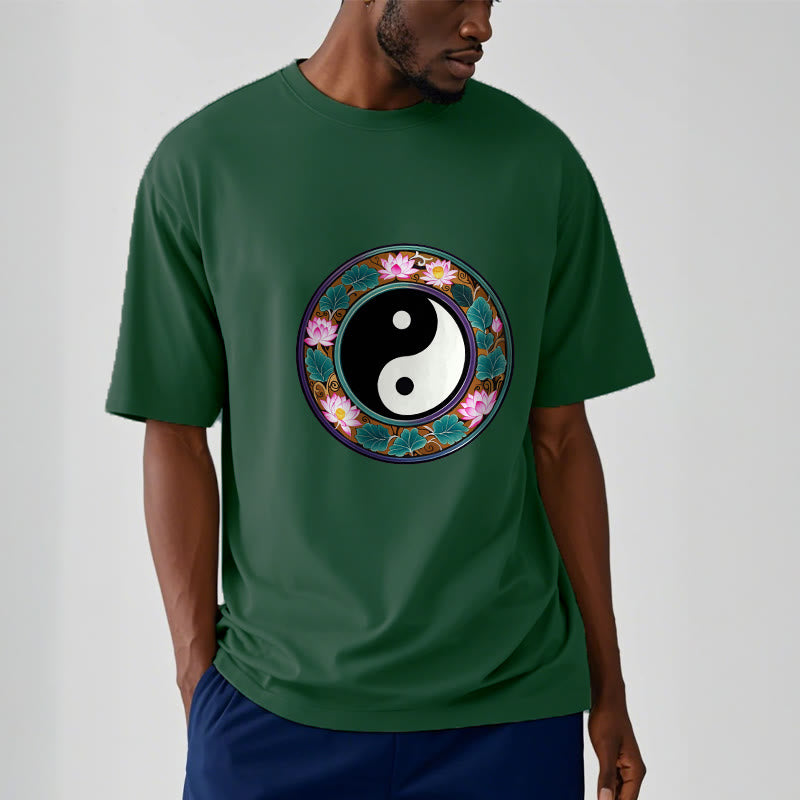 Camiseta de algodón con diseño de hojas de loto y yin yang y Buddha Stones - image 9