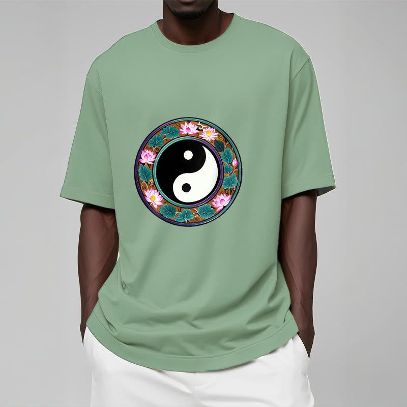 Camiseta de algodón con diseño de hojas de loto y yin yang y Buddha Stones - image 2