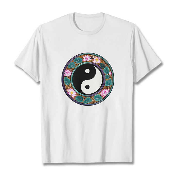 Camiseta de algodón con diseño de hojas de loto y yin yang y Buddha Stones - Blanco - 2XL - image 10