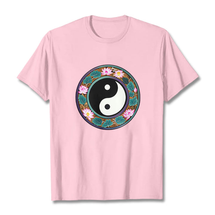 Camiseta de algodón con diseño de hojas de loto y yin yang y Buddha Stones - Rosa claro - 2XL - image 17