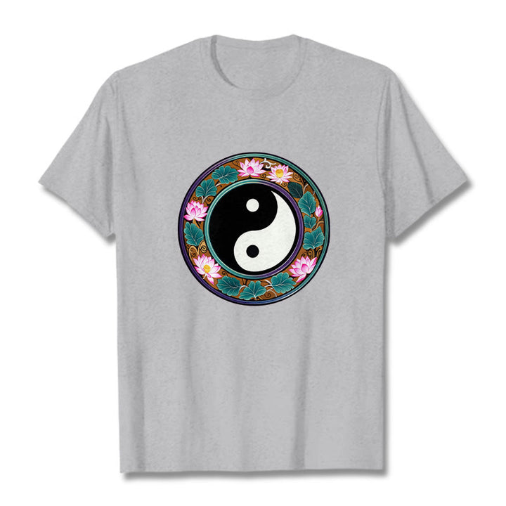 Camiseta de algodón con diseño de hojas de loto y yin yang y Buddha Stones - Gris claro - 2XL - image 13
