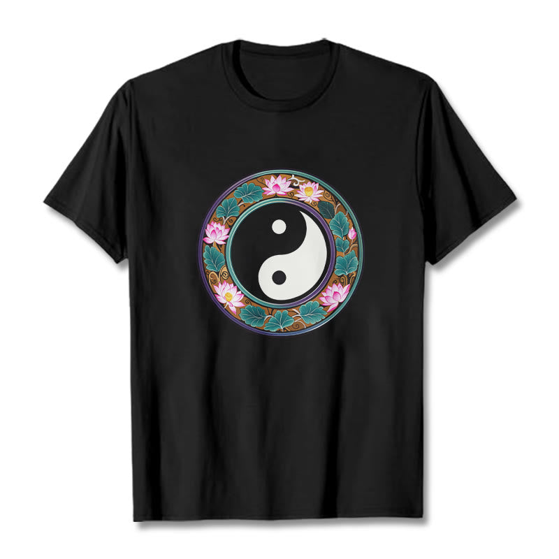 Camiseta de algodón con diseño de hojas de loto y yin yang y Buddha Stones - Negro - 2XL - image 4