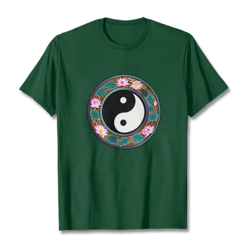 Camiseta de algodón con diseño de hojas de loto y yin yang y Buddha Stones - Verde bosque - 2XL - image 8