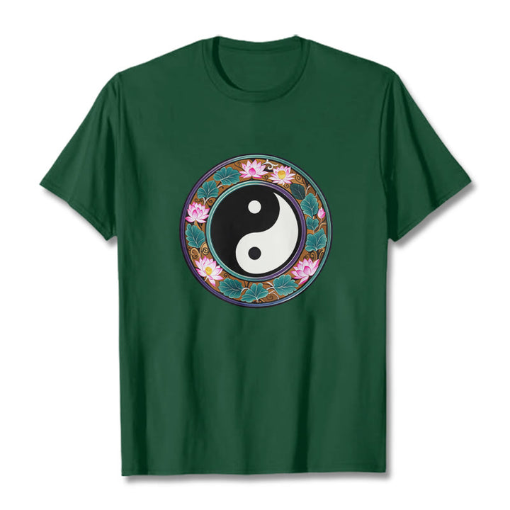 Camiseta de algodón con diseño de hojas de loto y yin yang y Buddha Stones - Verde bosque - 2XL - image 8