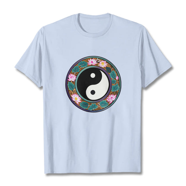 Camiseta de algodón con diseño de hojas de loto y yin yang y Buddha Stones - Cian claro - 2XL - image 14