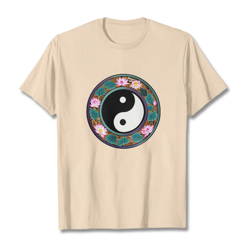 Camiseta de algodón con diseño de hojas de loto y yin yang y Buddha Stones - Sopa de mariscos - 2XL - image 15