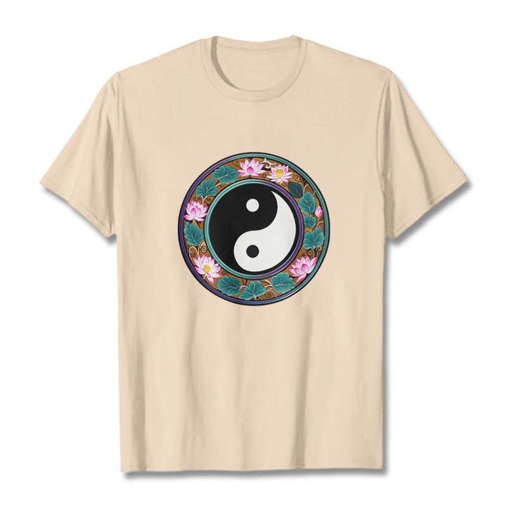 Camiseta de algodón con diseño de hojas de loto y yin yang y Buddha Stones - Sopa de mariscos - 2XL - image 15