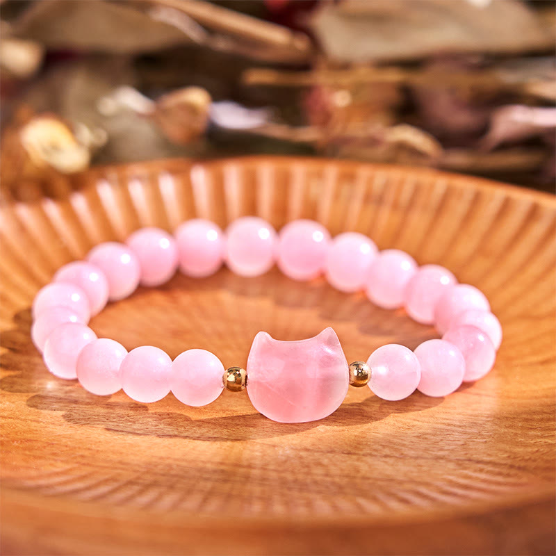 Pulsera de la suerte con cabeza de gato, amatista, aventurina verde, cuarzo rosa, fluorita y Buddha Stones - Cuarzo rosa (circunferencia de la muñeca: 16-17 cm) - image 12