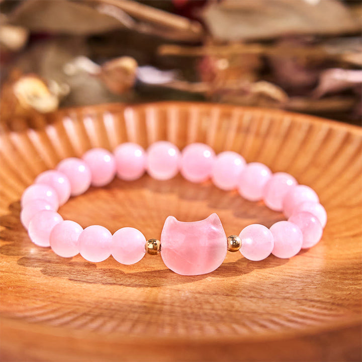 Pulsera de la suerte con cabeza de gato, amatista, aventurina verde, cuarzo rosa, fluorita y Buddha Stones - Cuarzo rosa (circunferencia de la muñeca: 16-17 cm) - image 12