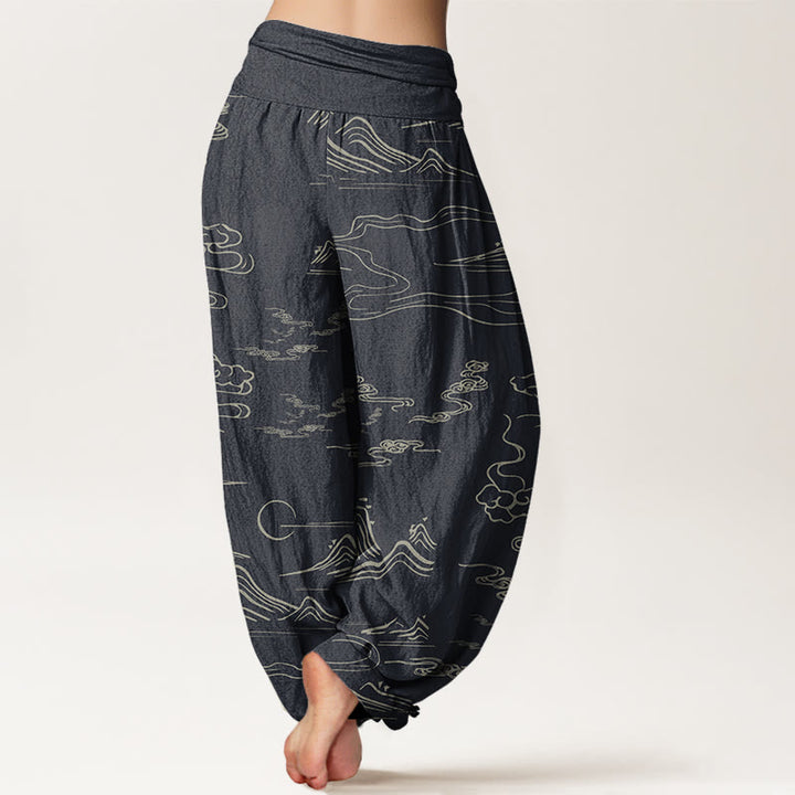 Pantalones harén con cintura elástica para mujer con diseño de nubes auspiciosas, luna y montaña con Buddha Stones - image 3