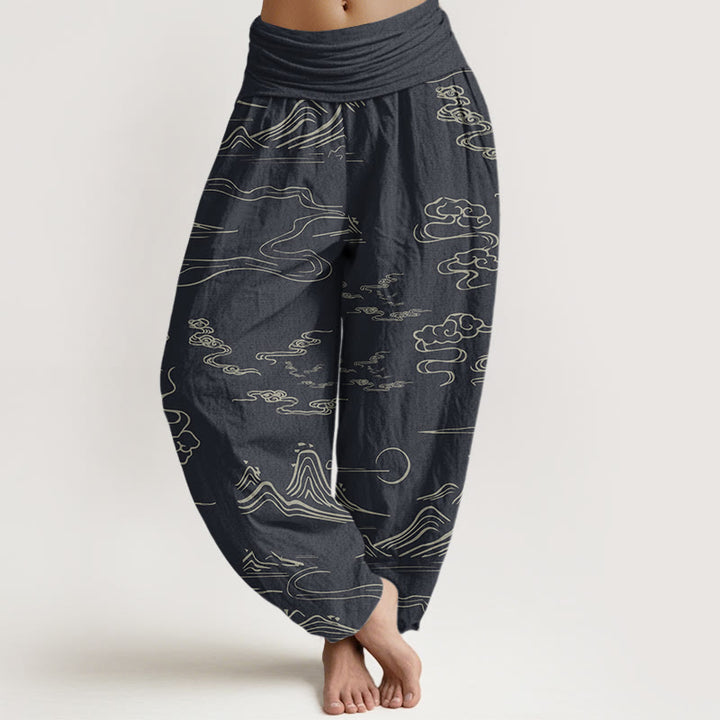 Pantalones harén con cintura elástica para mujer con diseño de nubes auspiciosas, luna y montaña con Buddha Stones - Gris pizarra claro - US22，UK/AU26，EU54 (6XL) - image 1