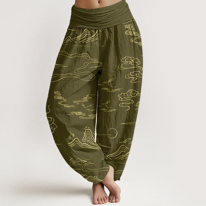 Pantalones harén con cintura elástica para mujer con diseño de nubes auspiciosas, luna y montaña con Buddha Stones - Caqui oscuro - US22，UK/AU26，EU54 (6XL) - image 5