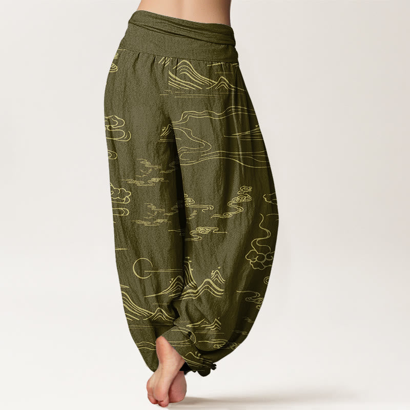 Pantalones harén con cintura elástica para mujer con diseño de nubes auspiciosas, luna y montaña con Buddha Stones - image 7