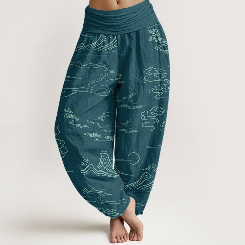 Pantalones harén con cintura elástica para mujer con diseño de nubes auspiciosas, luna y montaña con Buddha Stones - Cian oscuro - US22，UK/AU26，EU54 (6XL) - image 8