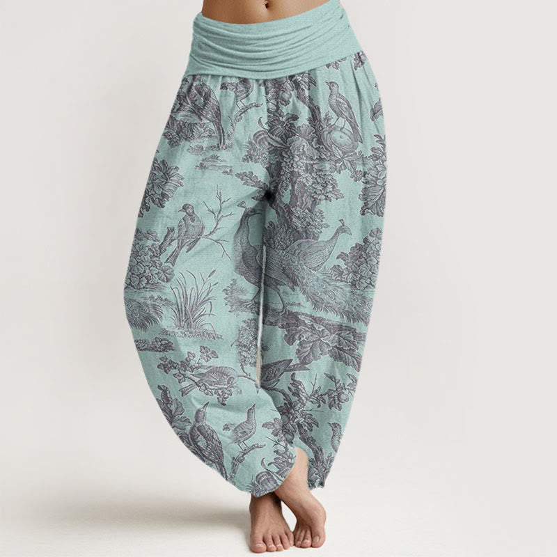 Pantalones bombachos de cintura elástica para mujer con estampado de Buddha Stones, pájaros, árboles y ramas de algodón. - Turquesa pálido - US22，UK/AU26，EU54 (6XL) - image 4