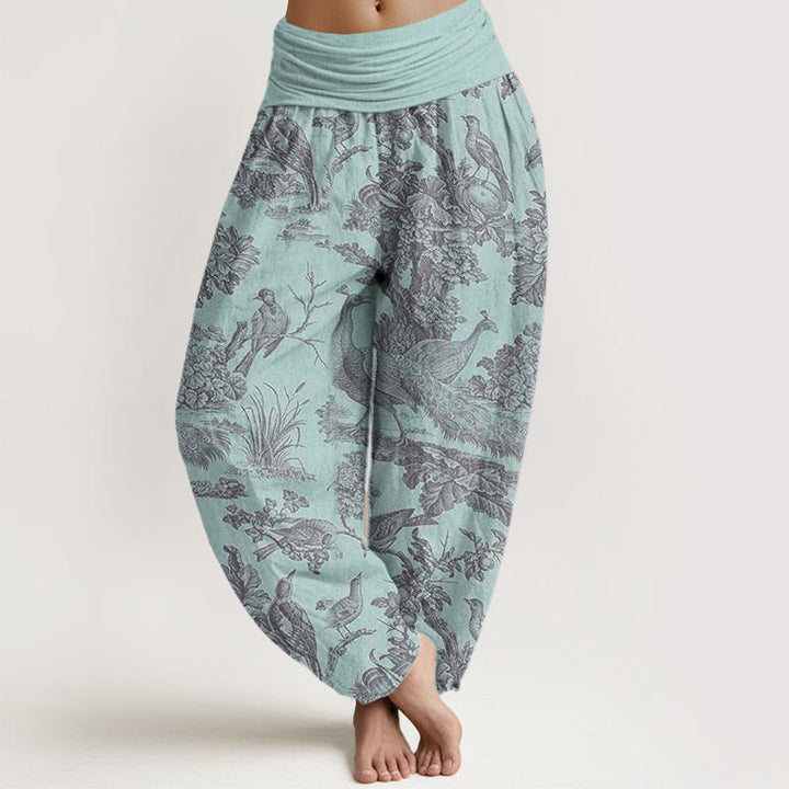 Pantalones bombachos de cintura elástica para mujer con estampado de Buddha Stones, pájaros, árboles y ramas de algodón. - Turquesa pálido - US22，UK/AU26，EU54 (6XL) - image 4