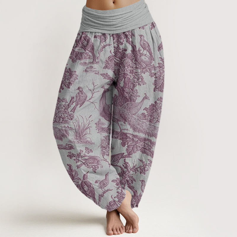 Pantalones bombachos de cintura elástica para mujer con estampado de Buddha Stones, pájaros, árboles y ramas de algodón. - Gris claro - US22，UK/AU26，EU54 (6XL) - image 7