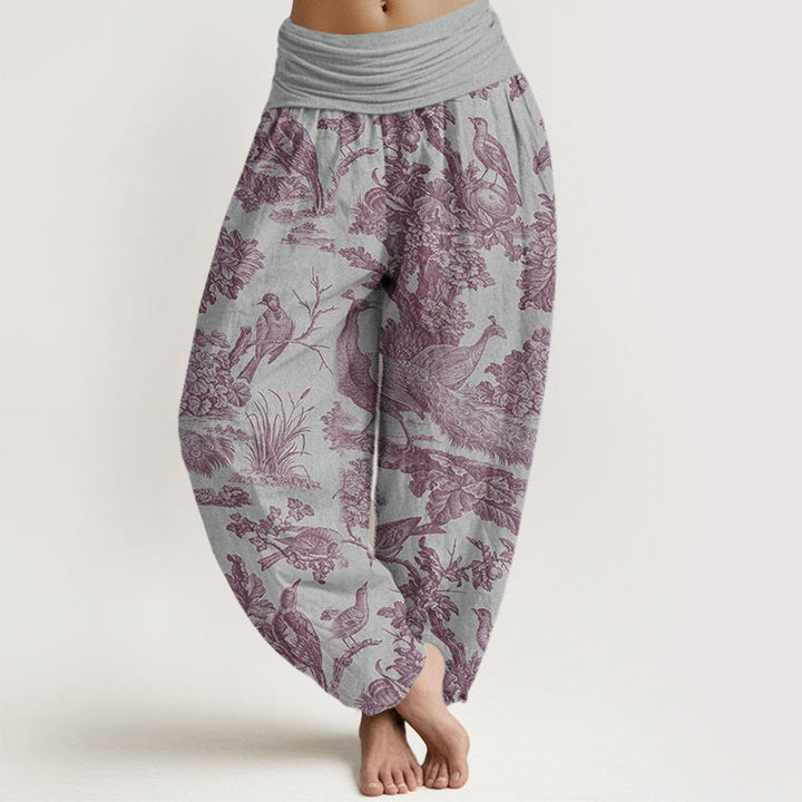 Pantalones bombachos de cintura elástica para mujer con estampado de Buddha Stones, pájaros, árboles y ramas de algodón. - Gris claro - US22，UK/AU26，EU54 (6XL) - image 7