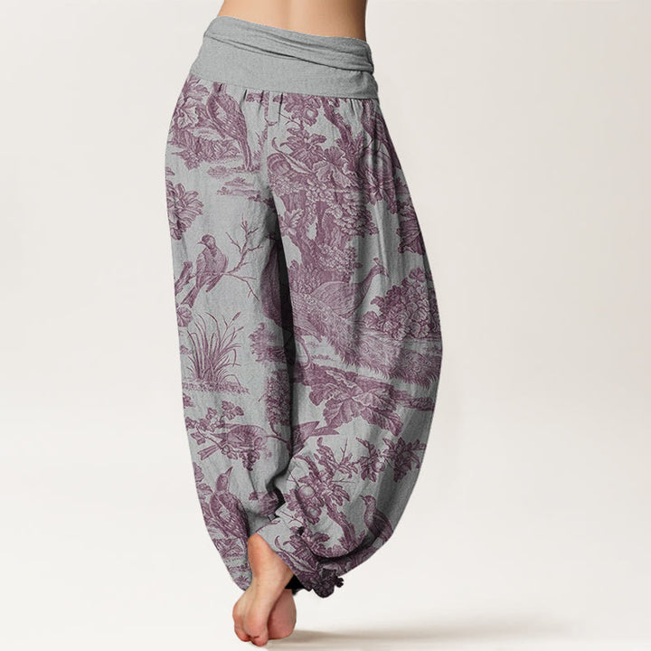 Pantalones bombachos de cintura elástica para mujer con estampado de Buddha Stones, pájaros, árboles y ramas de algodón. - image 8