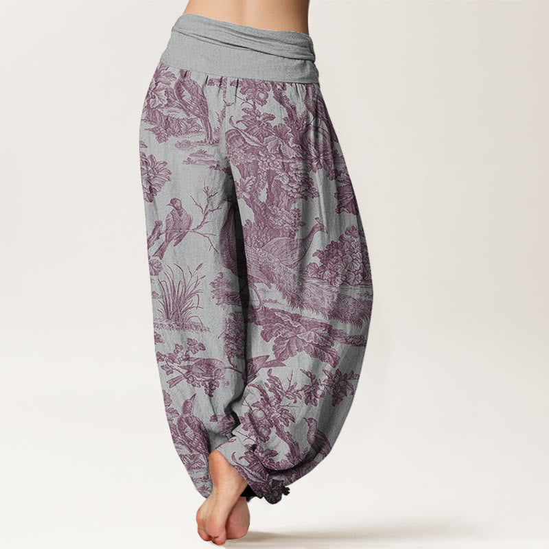 Pantalones bombachos de cintura elástica para mujer con estampado de Buddha Stones, pájaros, árboles y ramas de algodón. - image 6