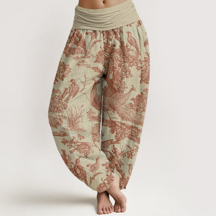 Pantalones harén con cintura elástica para mujer con estampado de ramas de árboles, pájaros y piedras de Buddha Stones - Vara de oro pálida - US22，UK/AU26，EU54 (6XL) - image 1