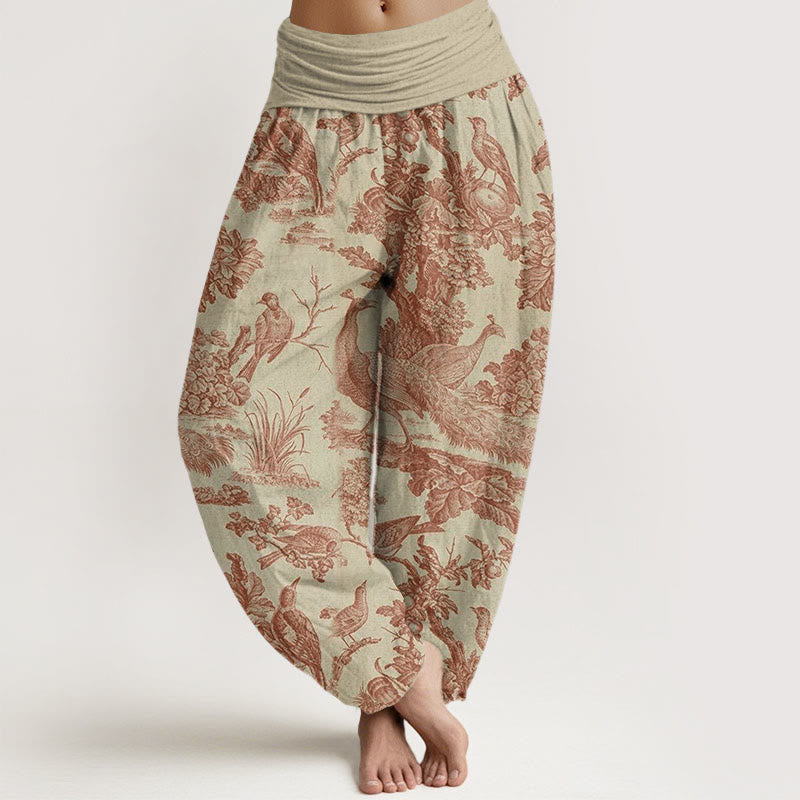 Pantalones bombachos de cintura elástica para mujer con estampado de Buddha Stones, pájaros, árboles y ramas de algodón. - vara de oro pálida - US22，UK/AU26，EU54 (6XL) - image 0
