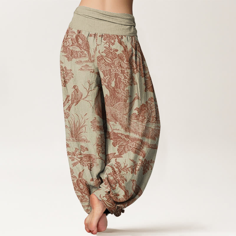 Pantalones bombachos de cintura elástica para mujer con estampado de Buddha Stones, pájaros, árboles y ramas de algodón. - image 1