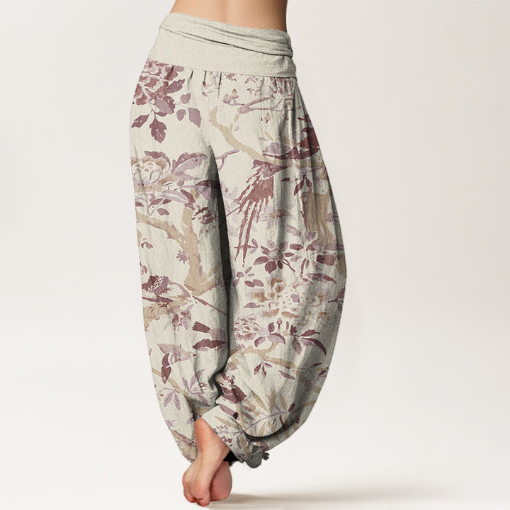 Pantalones bombachos de cintura elástica para mujer con estampado de Buddha Stones, pájaros, ramas y flores de algodón. - image 5
