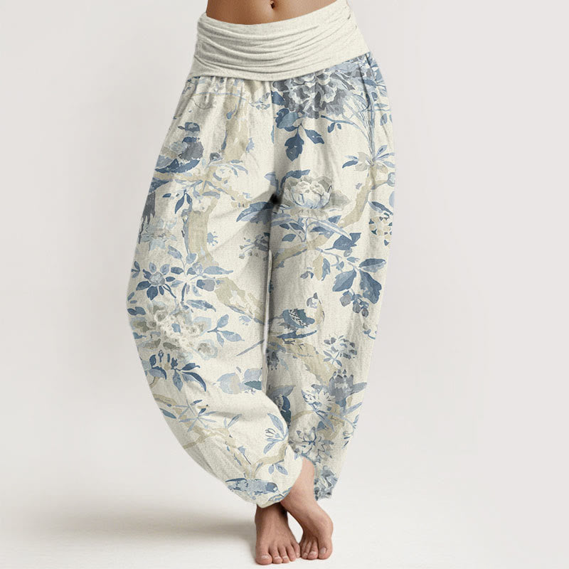 Pantalones bombachos de cintura elástica para mujer con estampado de Buddha Stones, pájaros, ramas y flores de algodón. - Beige - US22，UK/AU26，EU54 (6XL) - image 0