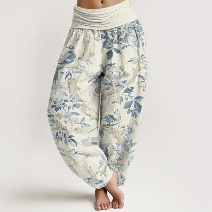 Pantalones bombachos de cintura elástica para mujer con estampado de Buddha Stones, pájaros, ramas y flores de algodón. - Beige - US22，UK/AU26，EU54 (6XL) - image 0