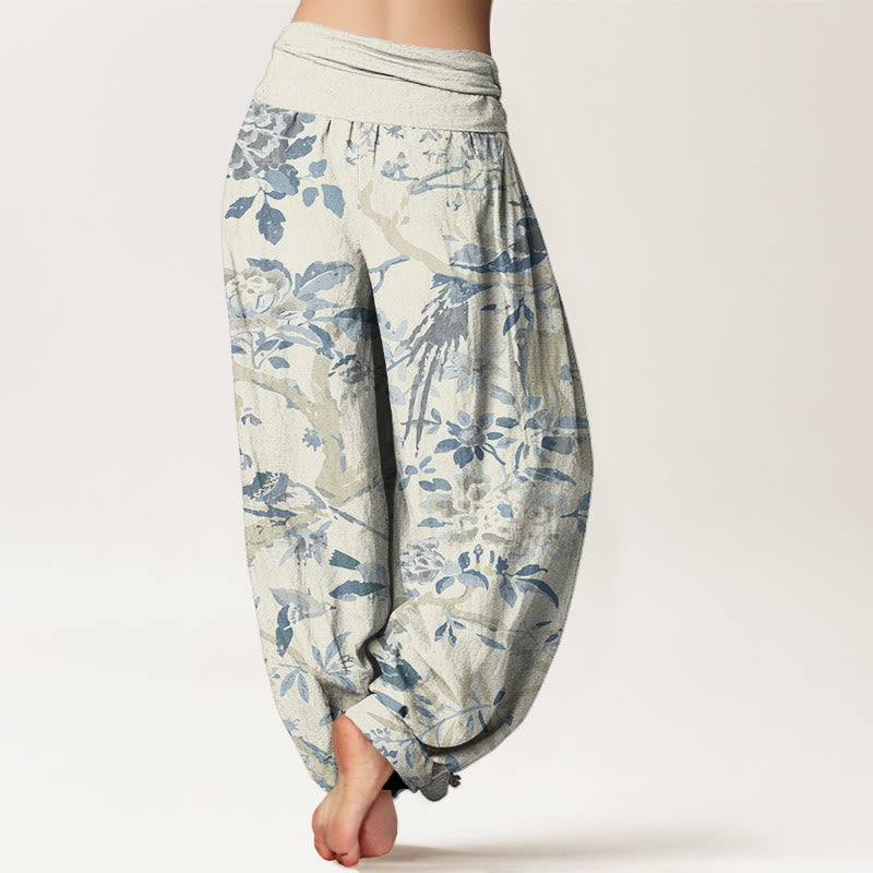 Pantalones bombachos de cintura elástica para mujer con estampado de Buddha Stones, pájaros, ramas y flores de algodón. - image 1