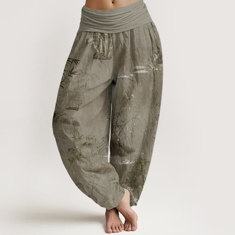 Pantalones harén con cintura elástica para mujer, informales, con pintura de tinta de roca de bambú y Buddha Stones - Broncearse - US22，UK/AU26，EU54 (6XL) - image 5
