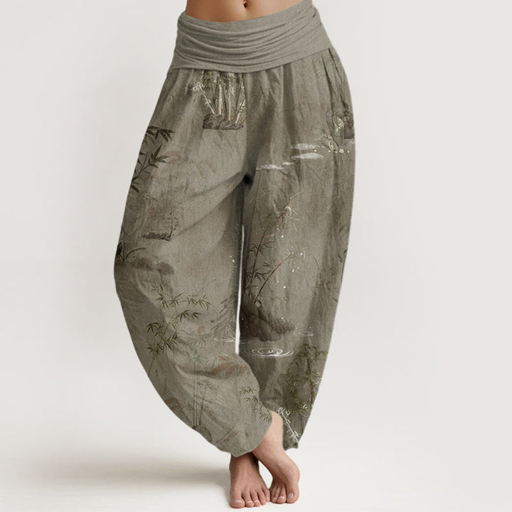 Pantalones harén con cintura elástica para mujer, informales, con pintura de tinta de roca de bambú y Buddha Stones - Broncearse - US22，UK/AU26，EU54 (6XL) - image 5