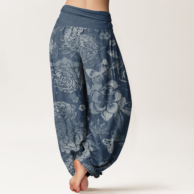 Pantalones harén con cintura elástica para mujer, informales, con diseño de flores de peonía y hojas de Buddha Stones - image 10