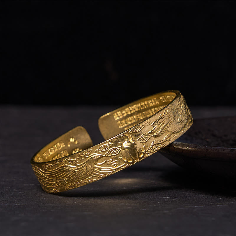 Pulsera de cobre y latón con la suerte tallada en sutra del corazón con Buddha Stones, dragón y fénix jugando con una perla