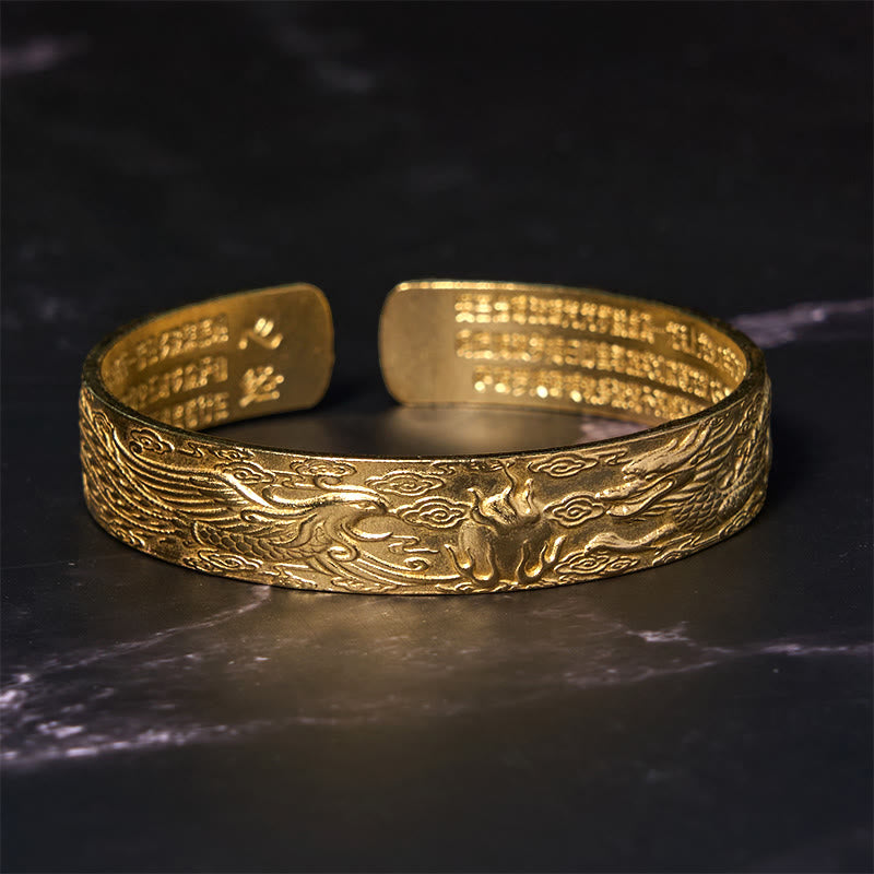 Pulsera de cobre y latón con la suerte tallada en sutra del corazón con Buddha Stones, dragón y fénix jugando con una perla